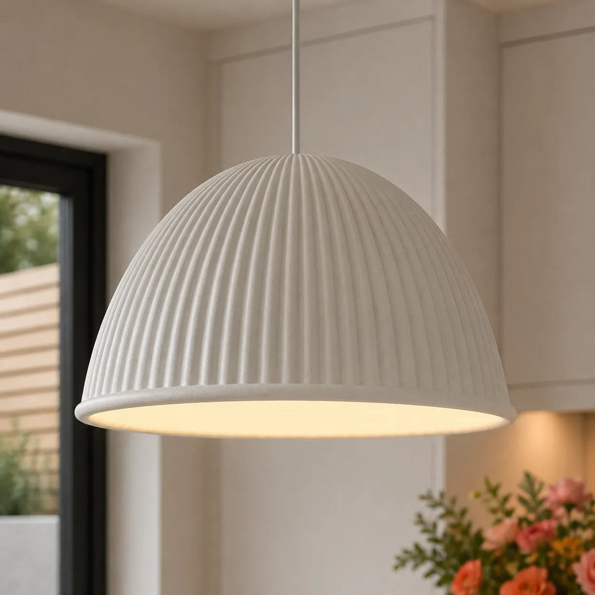Pendant Light with Ribbed Resin Dome Shade and Adjustable Hanging Cord
