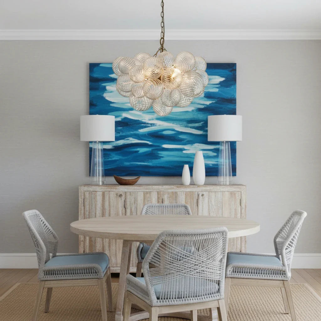 Mid Century Chandelier with Ribbed Glass Bubbles and Adjustable Suspension