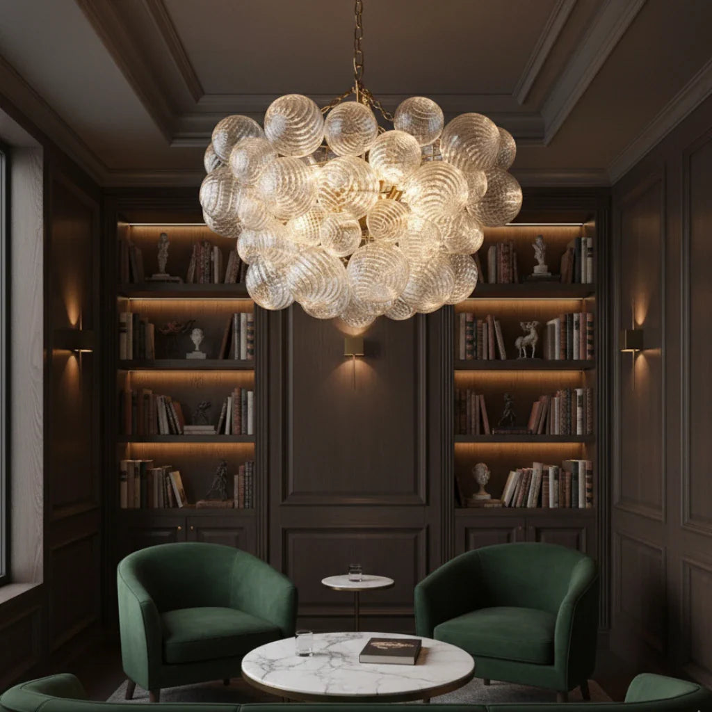 Mid Century Chandelier with Ribbed Glass Bubbles and Adjustable Suspension