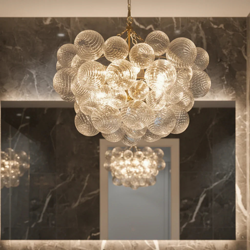 Mid Century Chandelier with Ribbed Glass Bubbles and Adjustable Suspension
