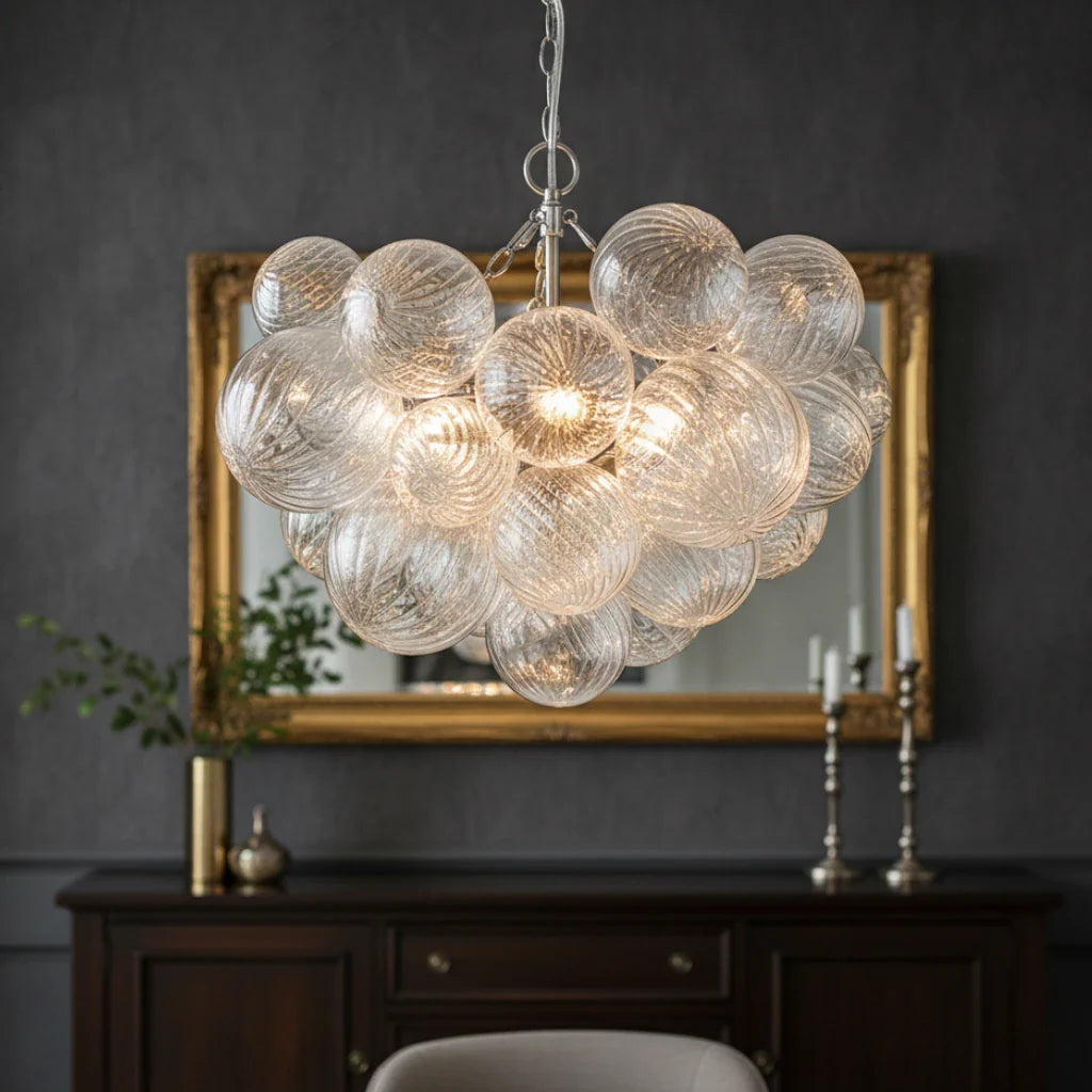 Mid Century Chandelier with Ribbed Glass Bubbles and Adjustable Suspension