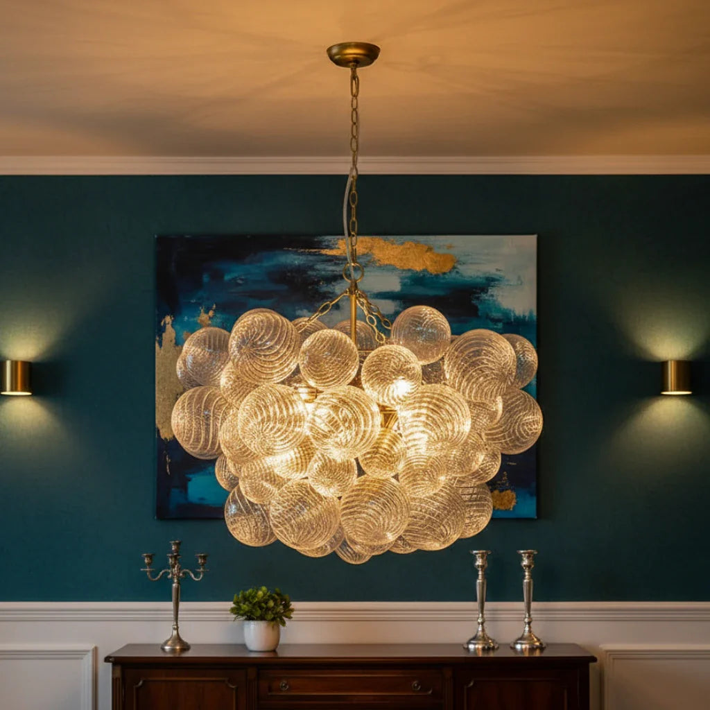 Mid Century Chandelier with Ribbed Glass Bubbles and Adjustable Suspension