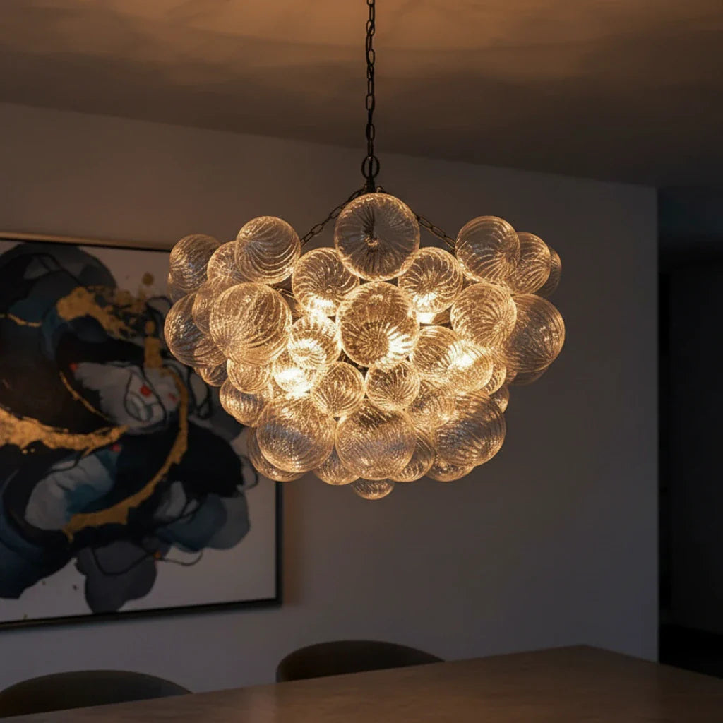Mid Century Chandelier with Ribbed Glass Bubbles and Adjustable Suspension