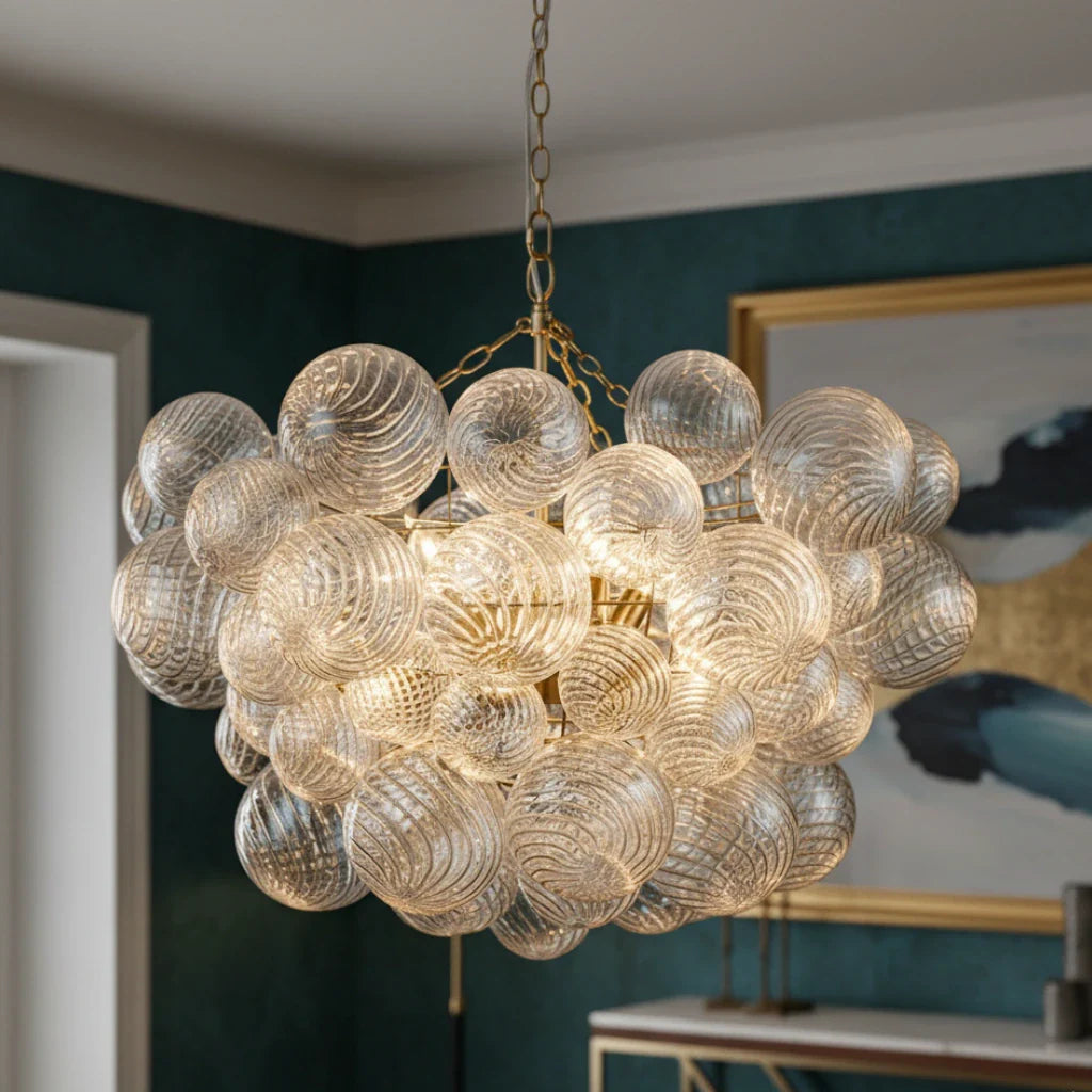 Mid Century Chandelier with Ribbed Glass Bubbles and Adjustable Suspension