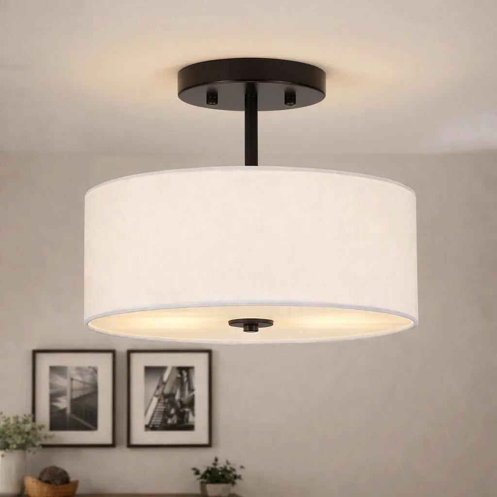 Plafoniera da cucina con 2 luci, paralume a tamburo in lino, montaggio semincassato e diffusore in acrilico