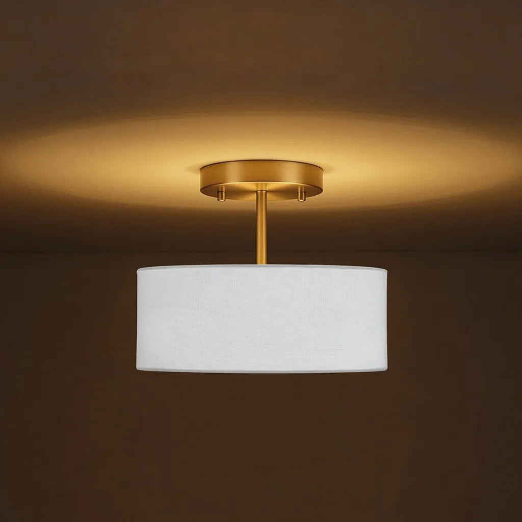 Plafonnier de cuisine à 2 lumières, tambour en lin semi-affleurant et diffuseur en acrylique