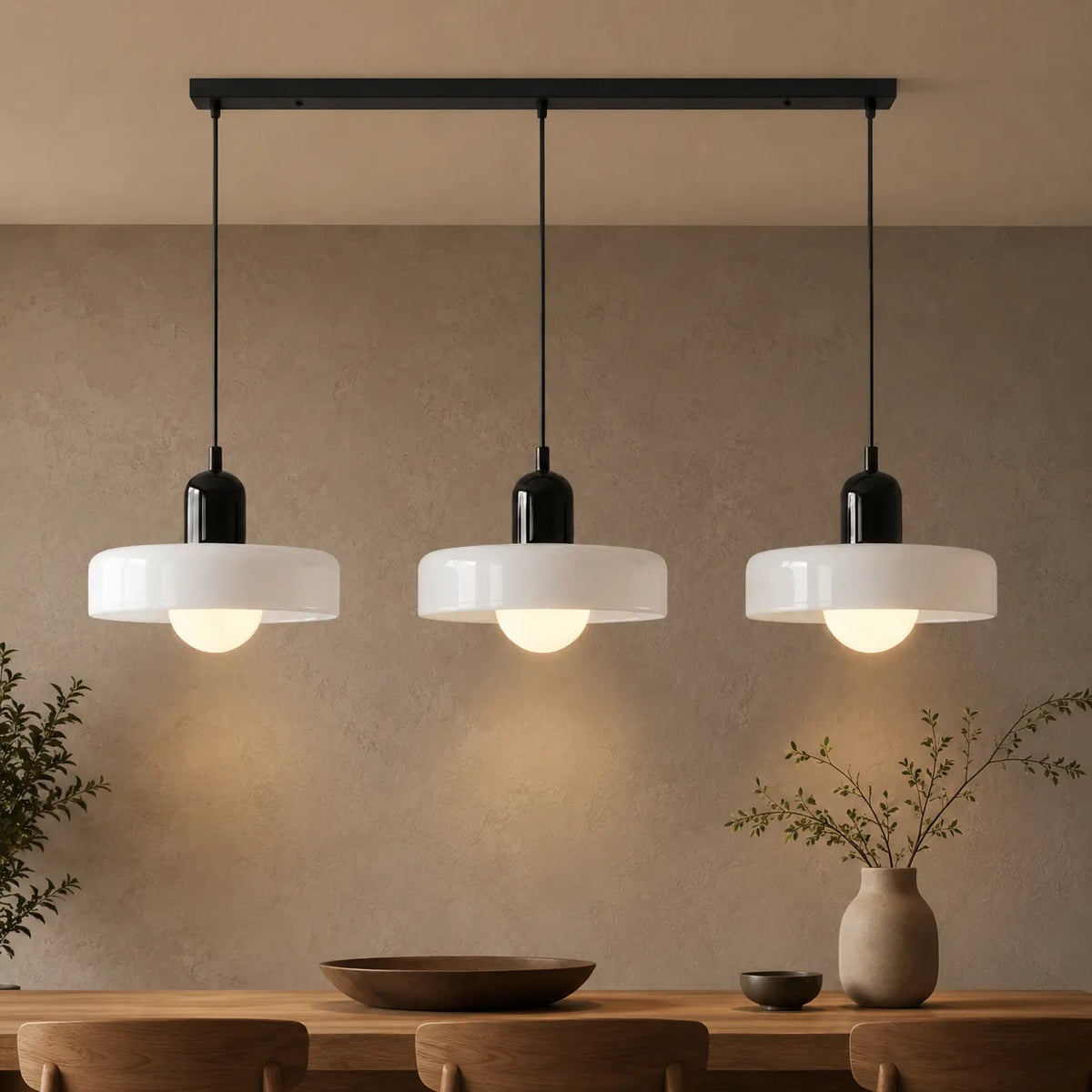 Lampada a sospensione con tre paralumi arrotondati in vetro e design lineare Bauhaus