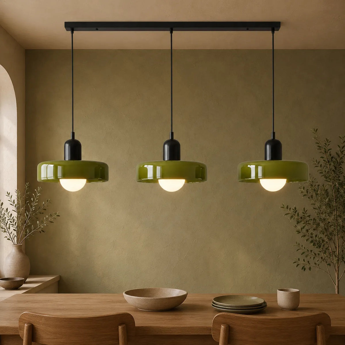 Pendelleuchte mit drei abgerundeten Glasschirmen im linearen Bauhaus-Design