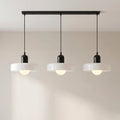 Lampada a sospensione con tre paralumi arrotondati in vetro e design lineare Bauhaus
