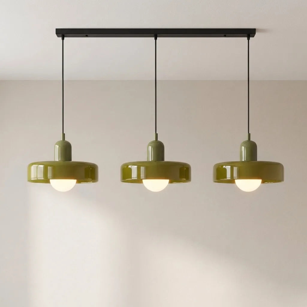 Lampada a sospensione con tre paralumi arrotondati in vetro e design lineare Bauhaus