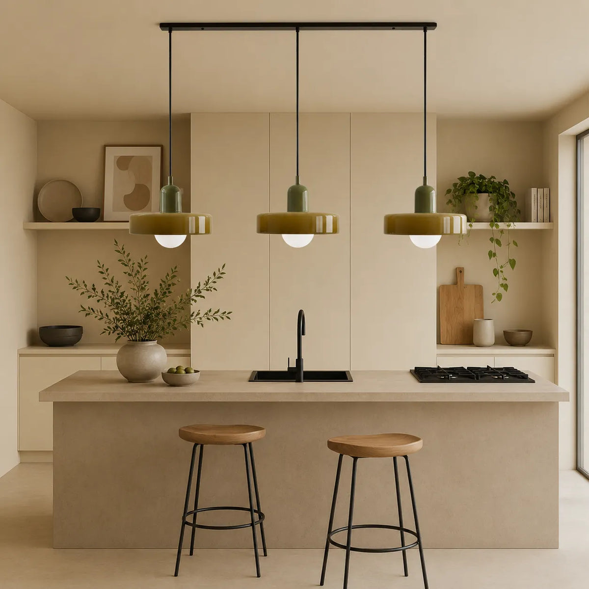 Lampada a sospensione con tre paralumi arrotondati in vetro e design lineare Bauhaus