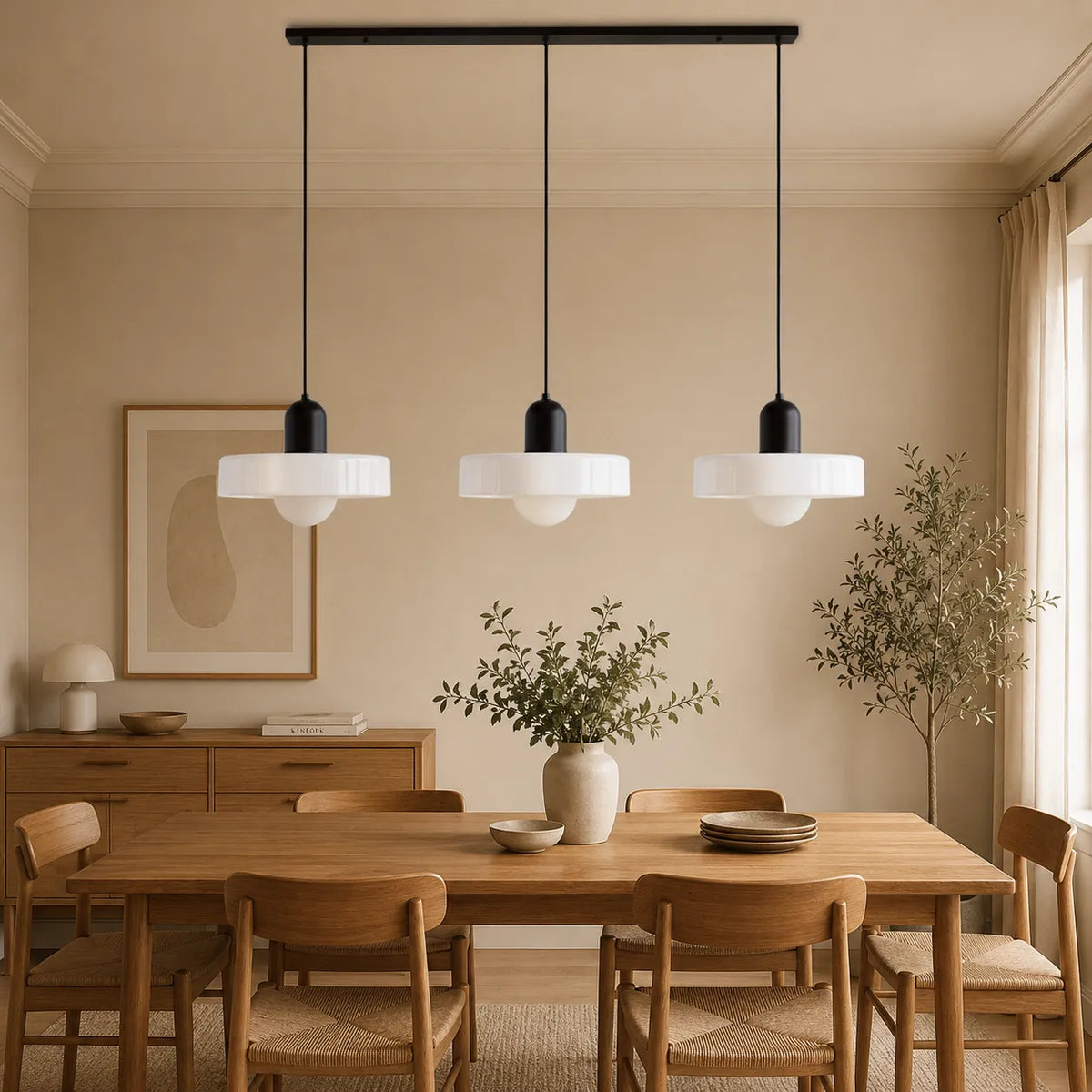 Lampada a sospensione con tre paralumi arrotondati in vetro e design lineare Bauhaus