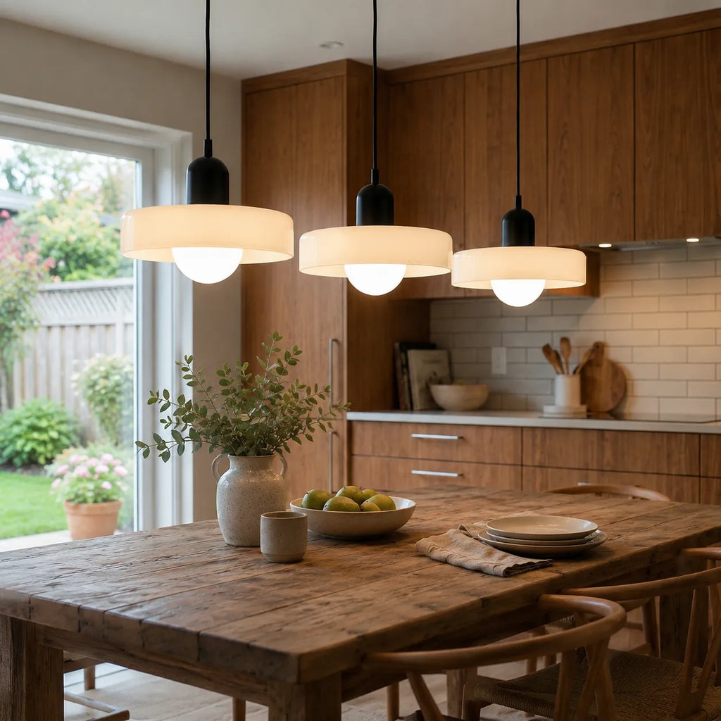 Lampada a sospensione con tre paralumi arrotondati in vetro e design lineare Bauhaus