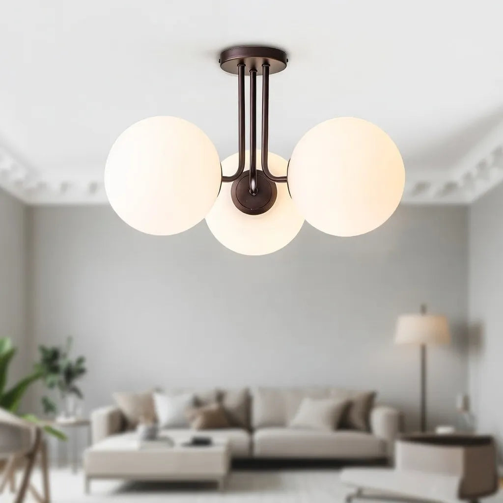 Plafonnier de salon semi-affleurant à 3 lumières, style Sputnik mid-century, avec abat-jour en verre dépoli