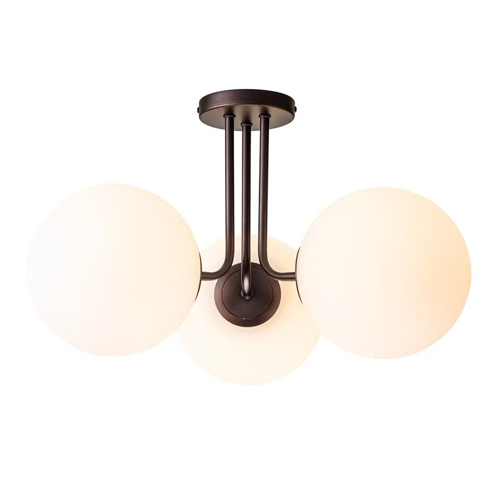 Plafonnier de salon semi-affleurant à 3 lumières, style Sputnik mid-century, avec abat-jour en verre dépoli