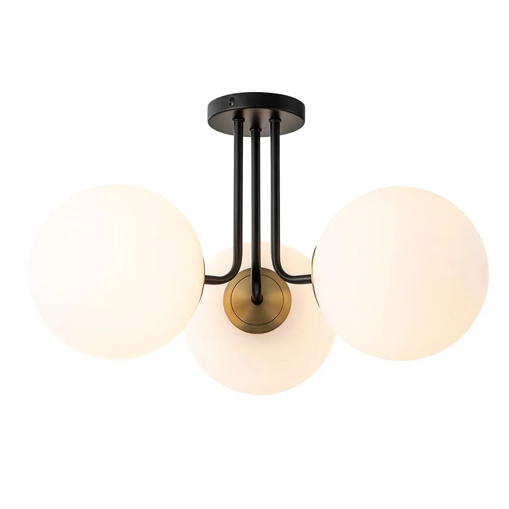 Plafonnier de salon semi-affleurant à 3 lumières, style Sputnik mid-century, avec abat-jour en verre dépoli
