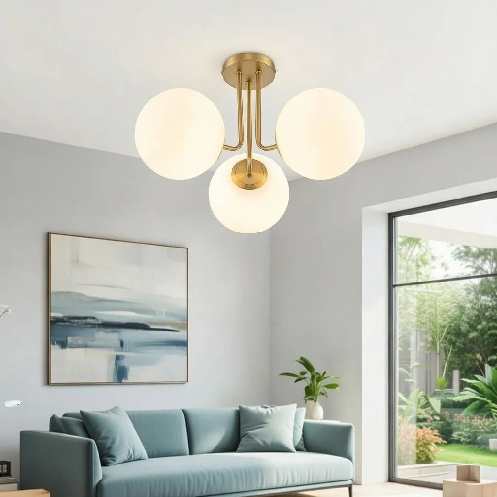 Plafonnier de salon semi-affleurant à 3 lumières, style Sputnik mid-century, avec abat-jour en verre dépoli