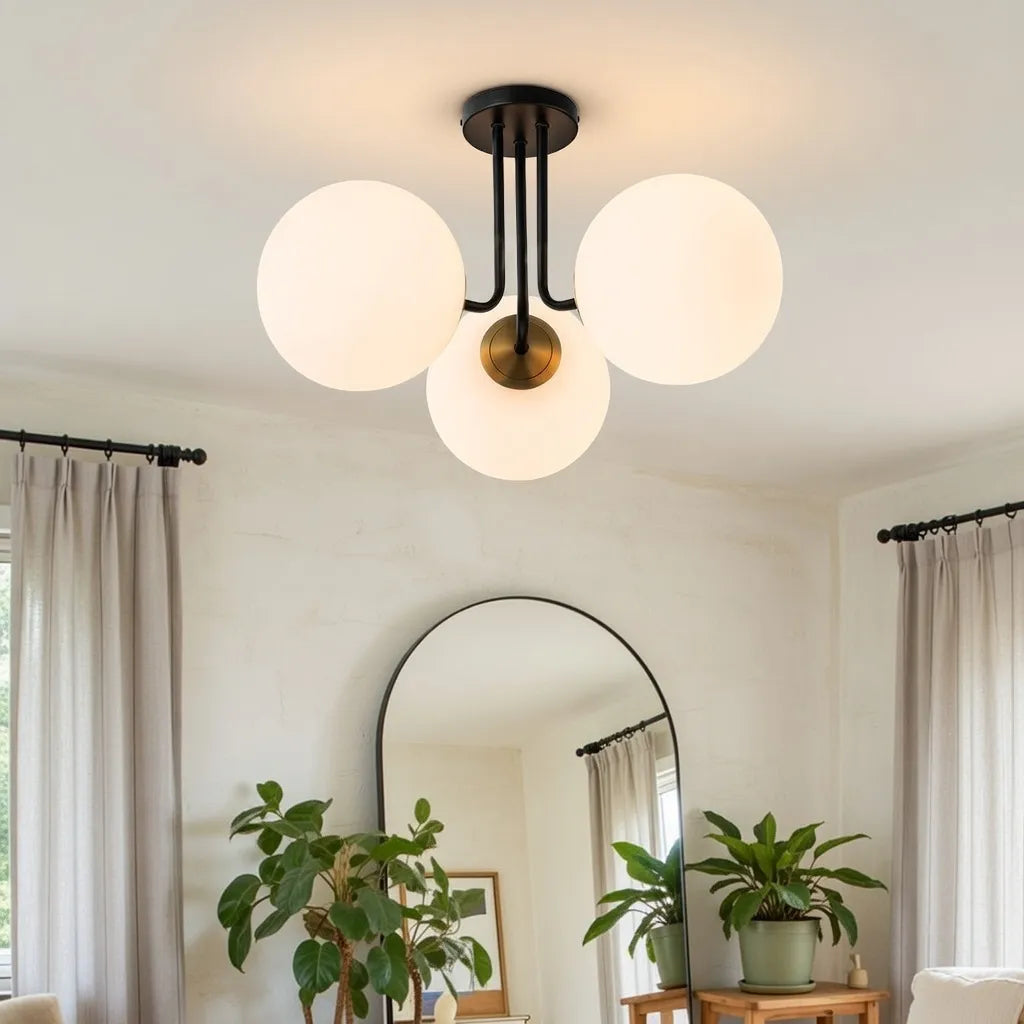 Plafonnier de salon semi-affleurant à 3 lumières, style Sputnik mid-century, avec abat-jour en verre dépoli
