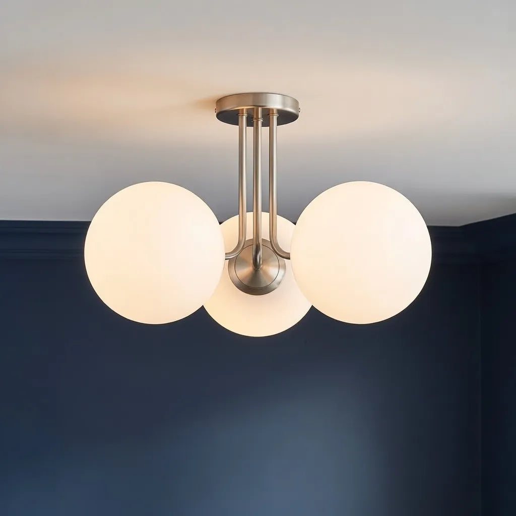 Plafonnier de salon semi-affleurant à 3 lumières, style Sputnik mid-century, avec abat-jour en verre dépoli