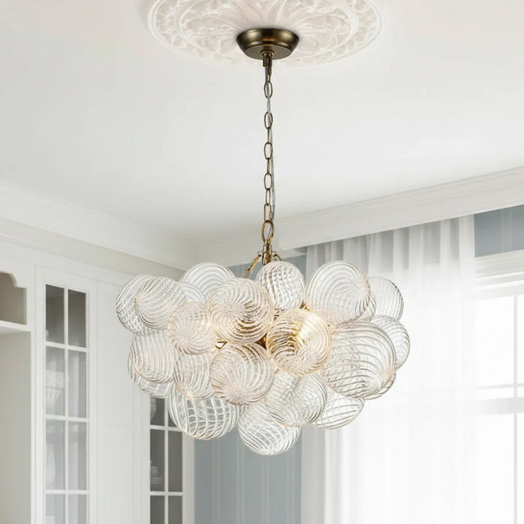 Mid Century Chandelier with Ribbed Glass Bubbles and Adjustable Suspension