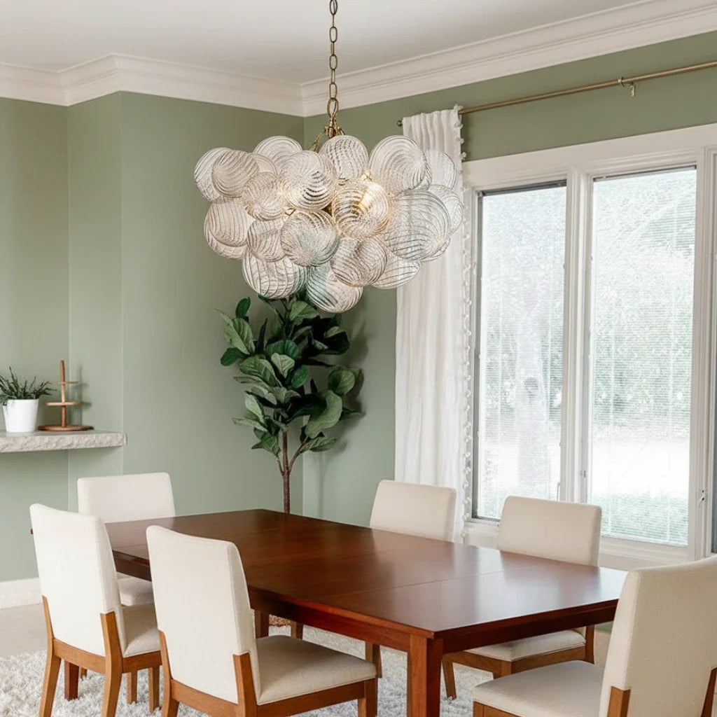 Mid Century Chandelier with Ribbed Glass Bubbles and Adjustable Suspension