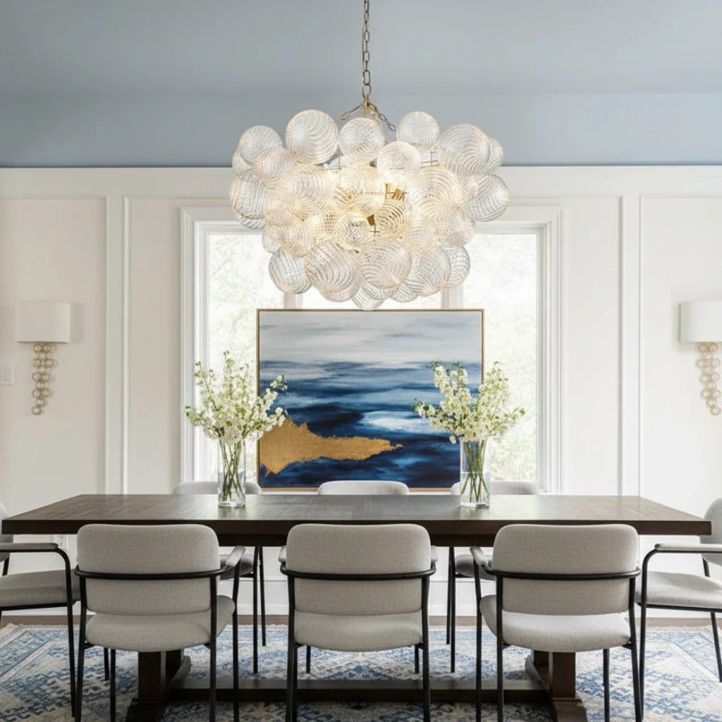 Mid Century Chandelier with Ribbed Glass Bubbles and Adjustable Suspension