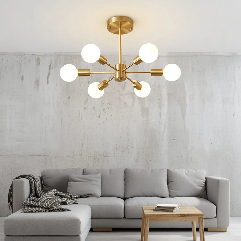Lámpara de techo semiempotrada para cocina, estilo Sputnik de mediados de siglo con 6 luces y base metálica