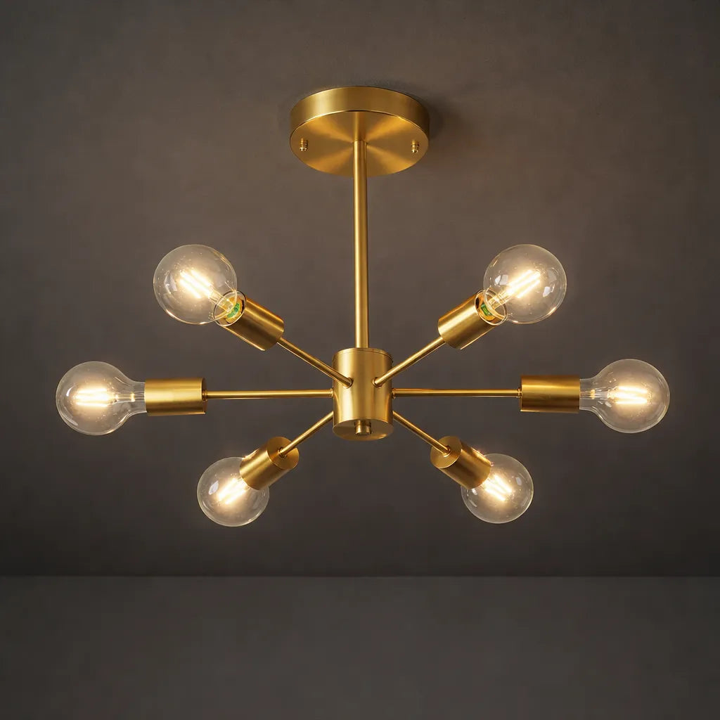 Lámpara de techo semiempotrada para cocina, estilo Sputnik de mediados de siglo con 6 luces y base metálica