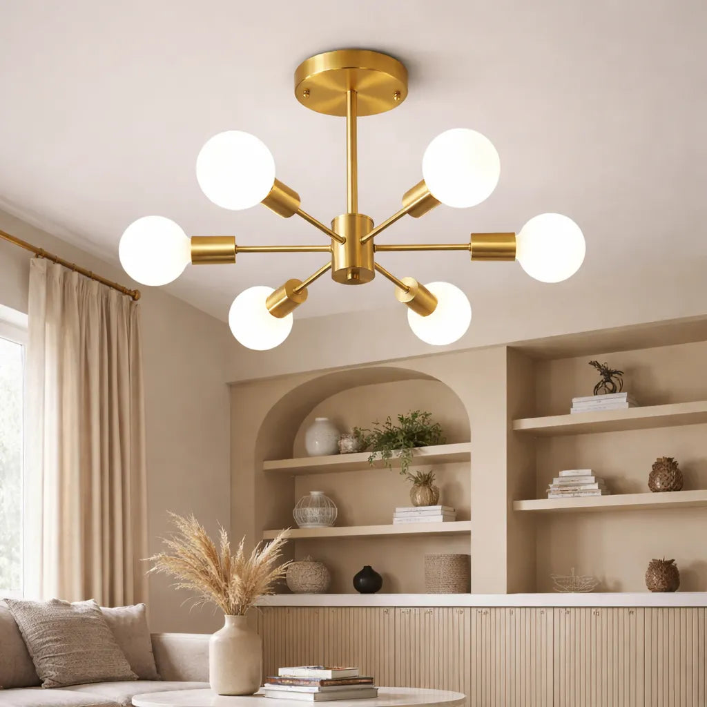 Lámpara de techo semiempotrada para cocina, estilo Sputnik de mediados de siglo con 6 luces y base metálica