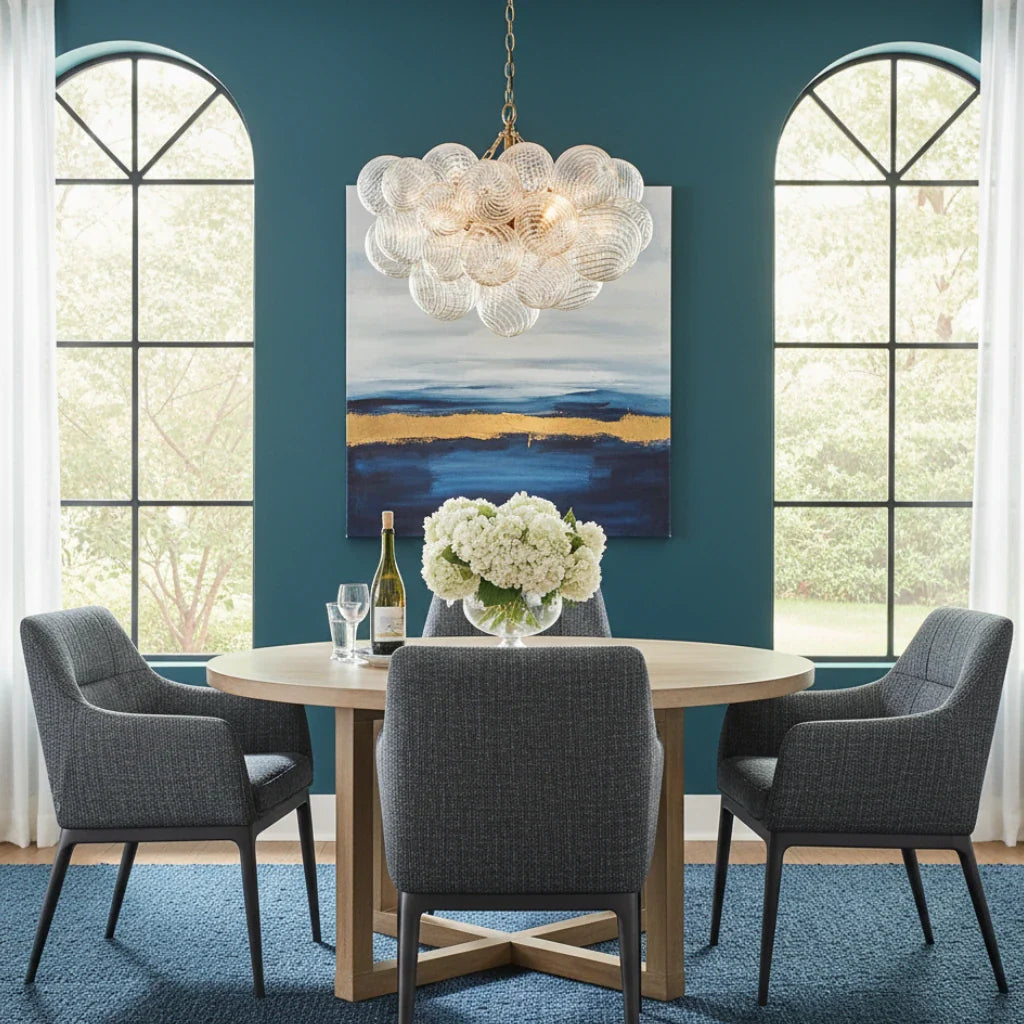 Mid Century Chandelier with Ribbed Glass Bubbles and Adjustable Suspension