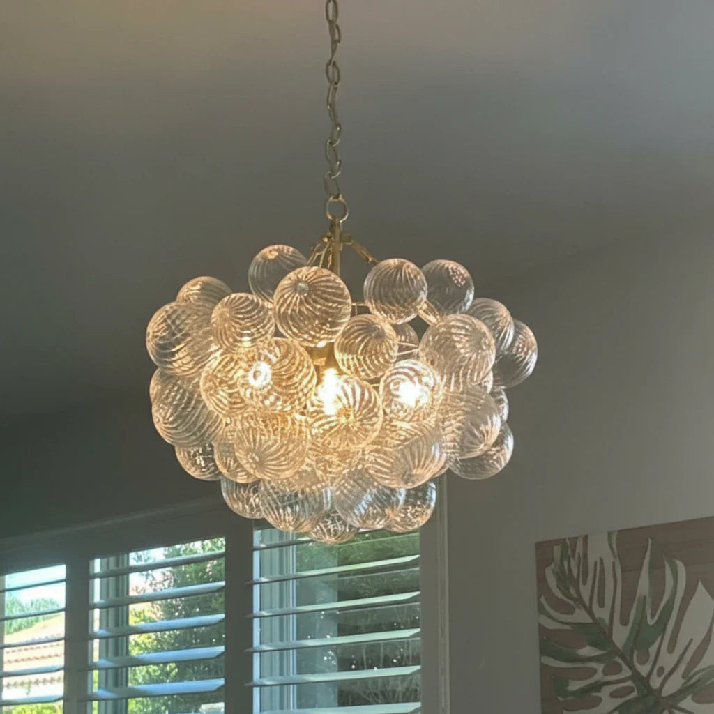 Mid Century Chandelier with Ribbed Glass Bubbles and Adjustable Suspension