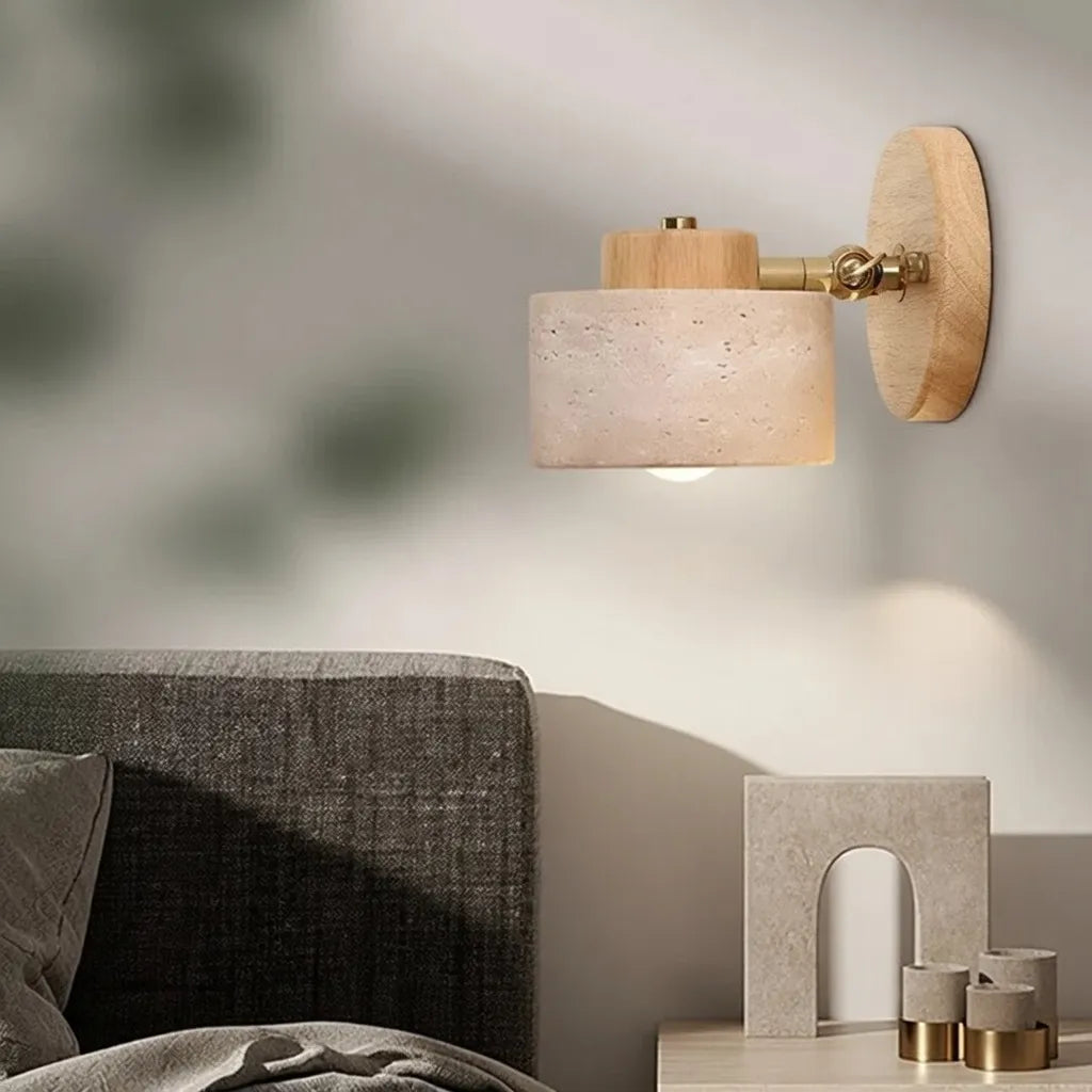 Wall Sconce Lamp with Adjustable Direction and Natural Travertine Stone for Reading