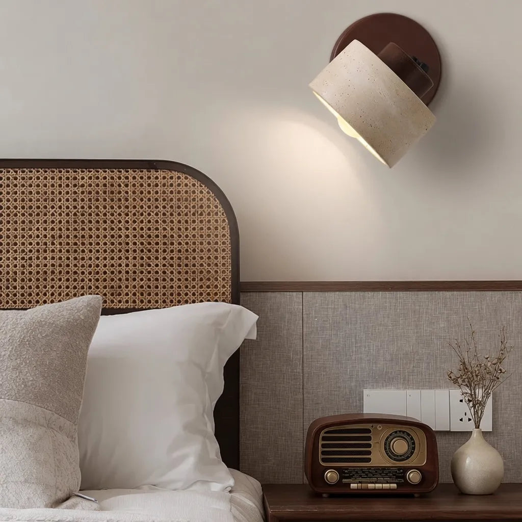 Wall Sconce Lamp with Adjustable Direction and Natural Travertine Stone for Reading