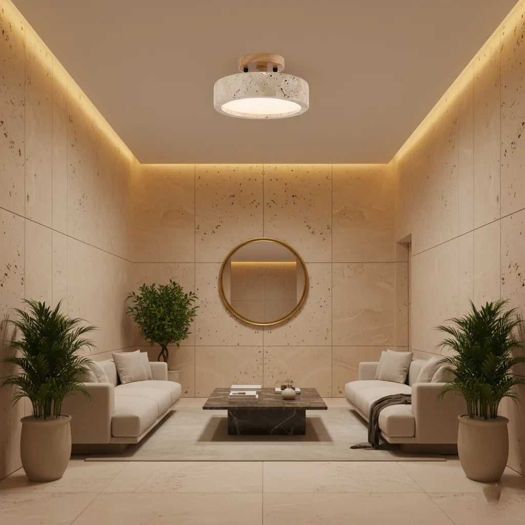Plafoniera da cucina con texture in travertino e LED a luce calda, per camere da letto e soggiorni