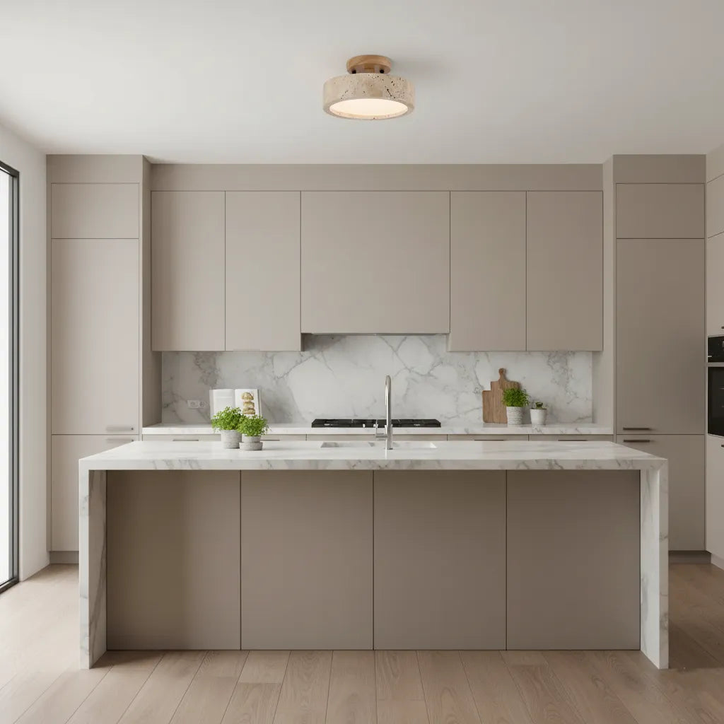 Plafoniera da cucina con texture in travertino e LED a luce calda, per camere da letto e soggiorni