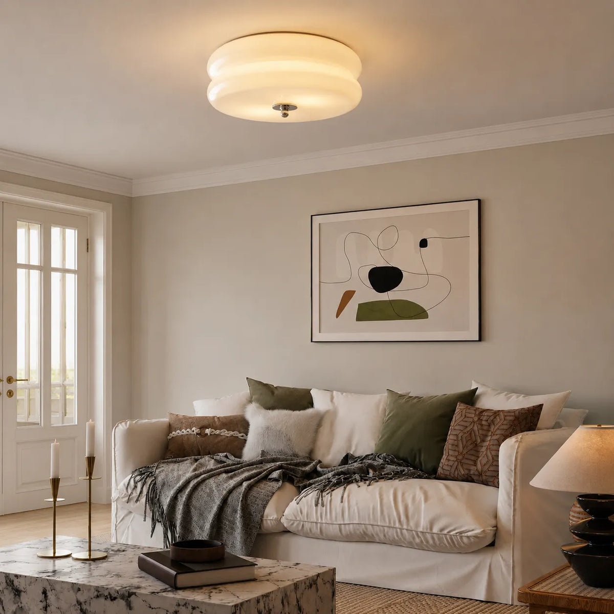 Plafón con difusor de vidrio opalino, de estilo art déco, para sala de estar