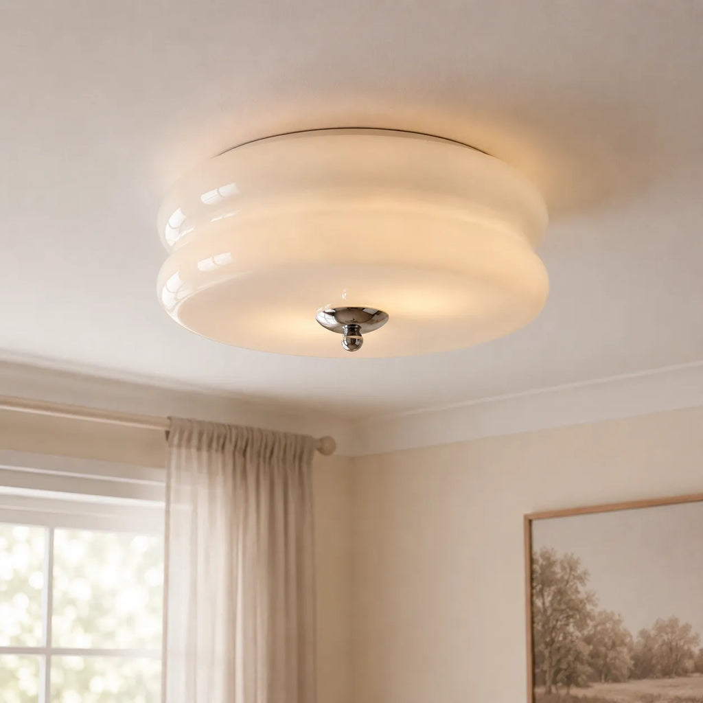 Oyster Light with Opal Glass Diffuser Art Deco Flush Mount Ceiling Light for Lounge