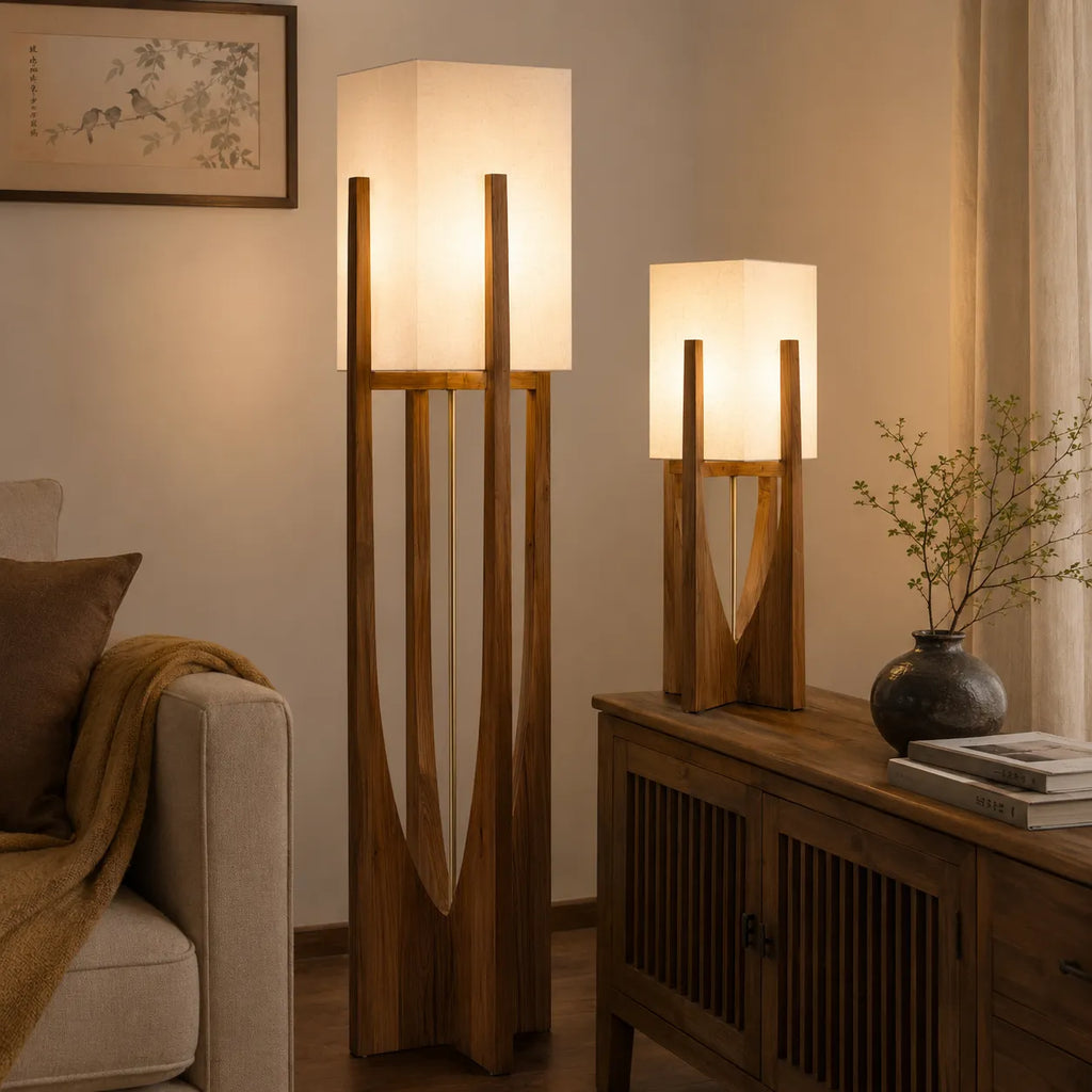 Floor Lamp with Ash Wood and Fabric Shade for Modern Living Room Lighting