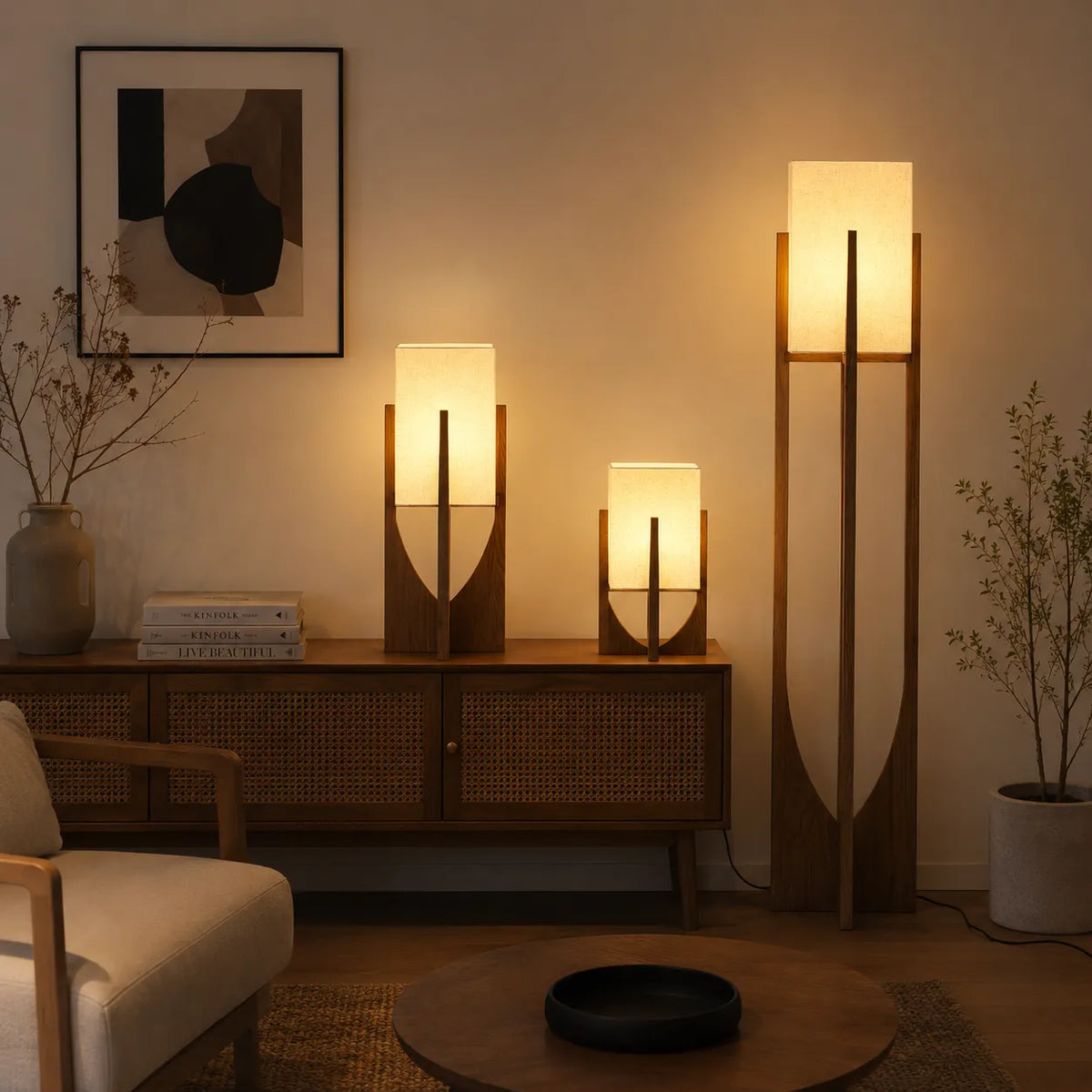 Floor Lamp with Ash Wood and Fabric Shade for Modern Living Room Lighting