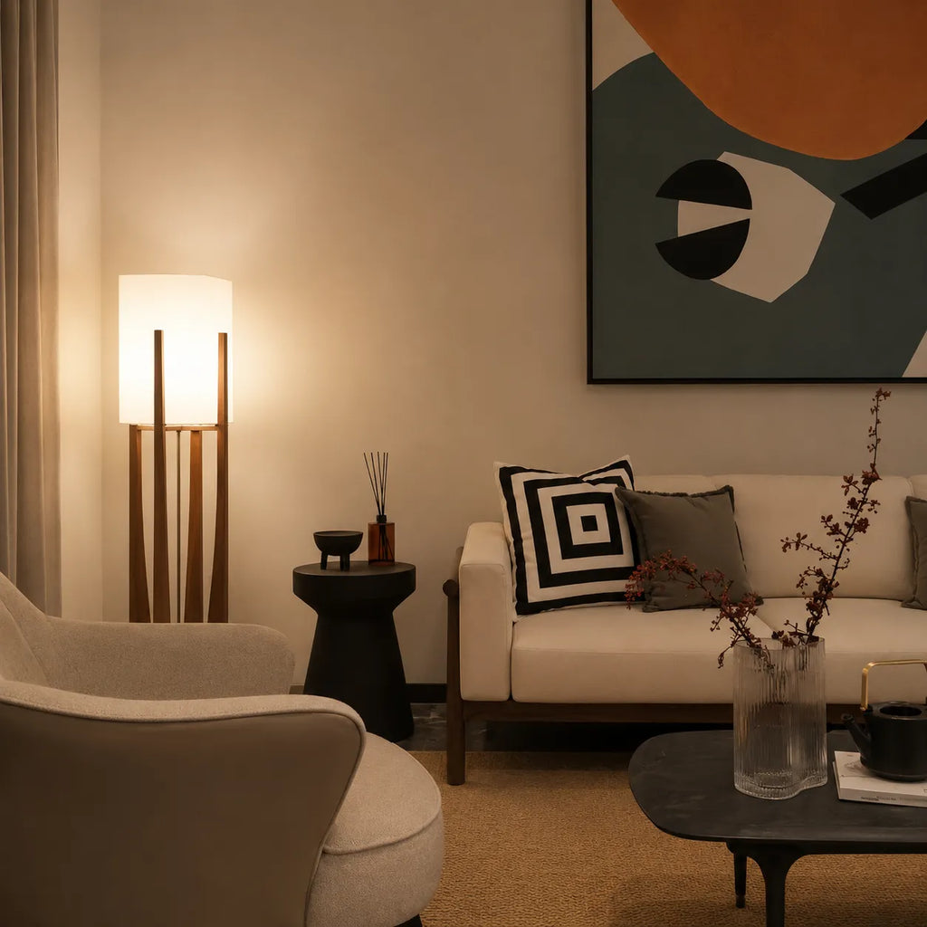 Floor Lamp with Ash Wood and Fabric Shade for Modern Living Room Lighting