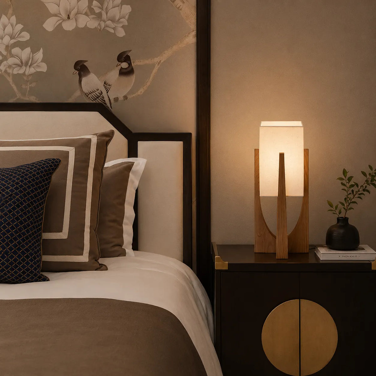Floor Lamp with Ash Wood and Fabric Shade for Modern Living Room Lighting