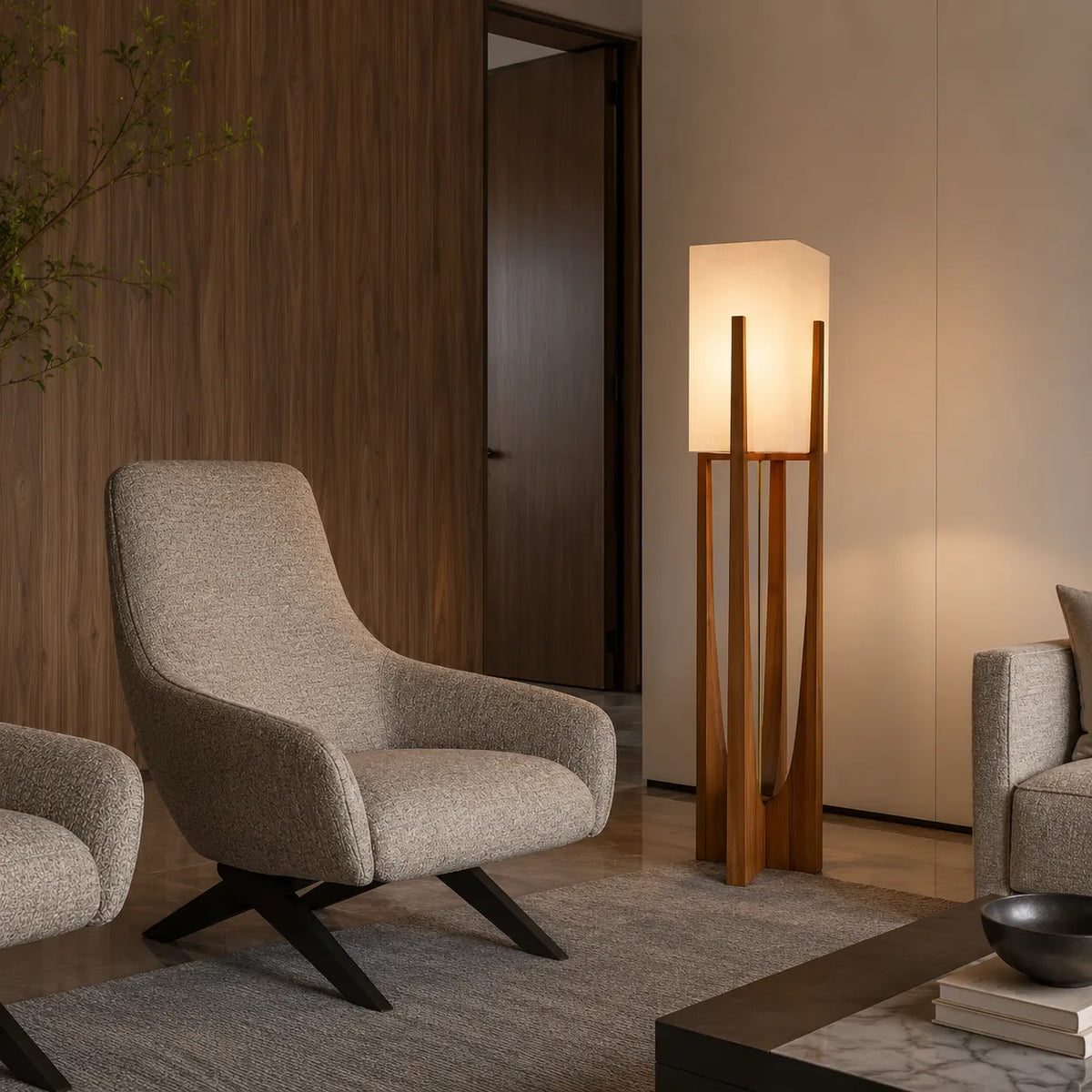 Floor Lamp with Ash Wood and Fabric Shade for Modern Living Room Lighting
