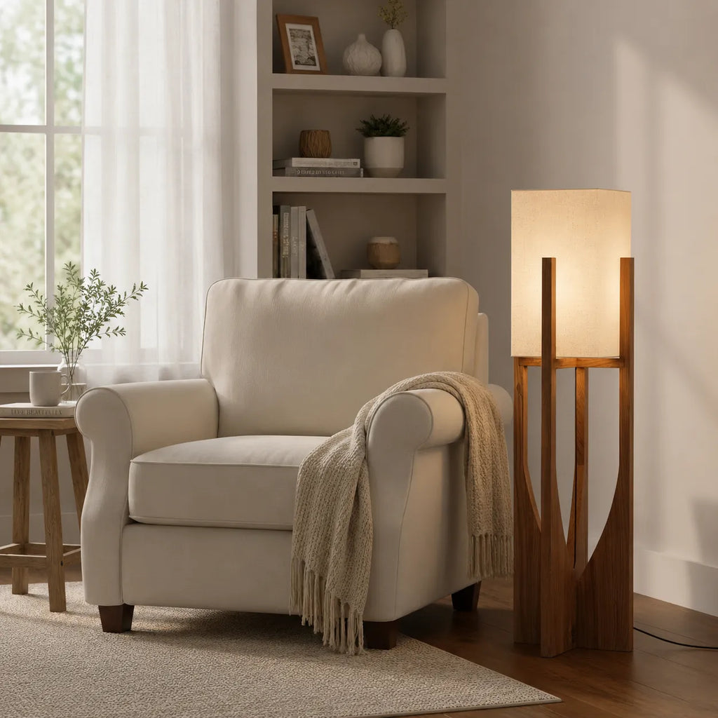 Floor Lamp with Ash Wood and Fabric Shade for Modern Living Room Lighting