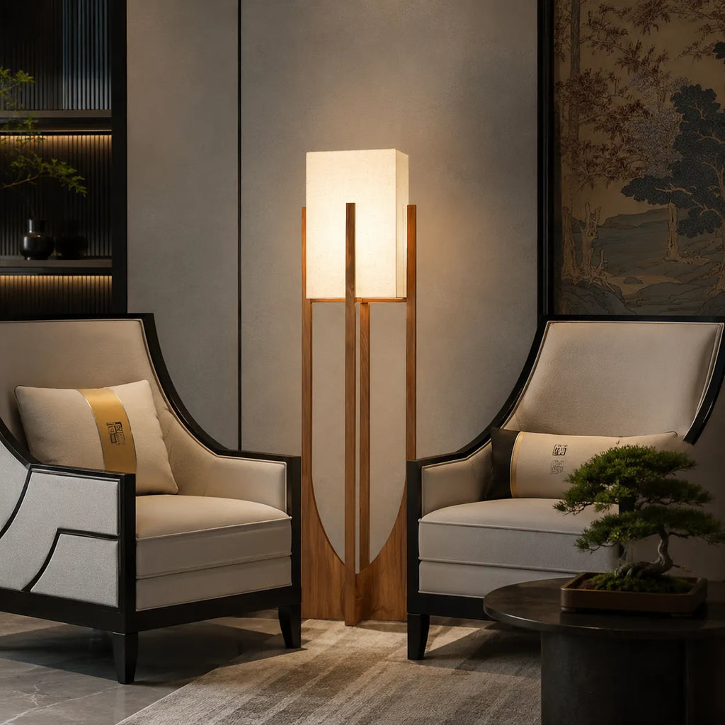 Floor Lamp with Ash Wood and Fabric Shade for Modern Living Room Lighting