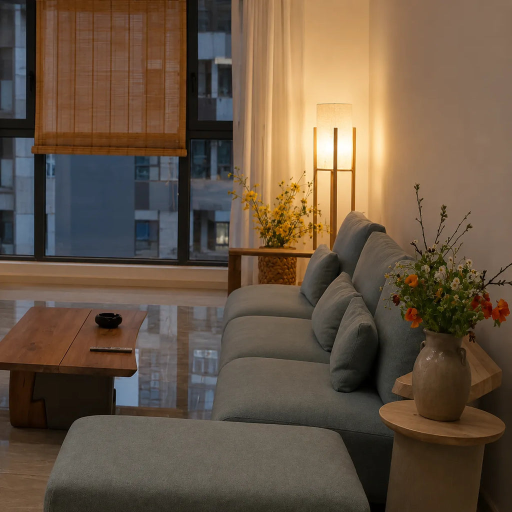 Floor Lamp with Ash Wood and Fabric Shade for Modern Living Room Lighting