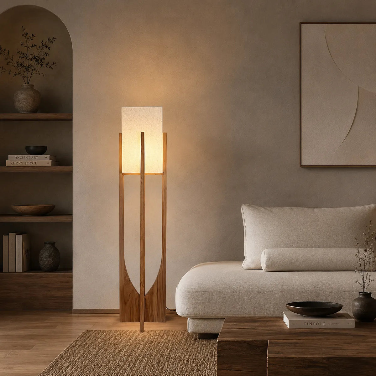 Floor Lamp with Ash Wood and Fabric Shade for Modern Living Room Lighting