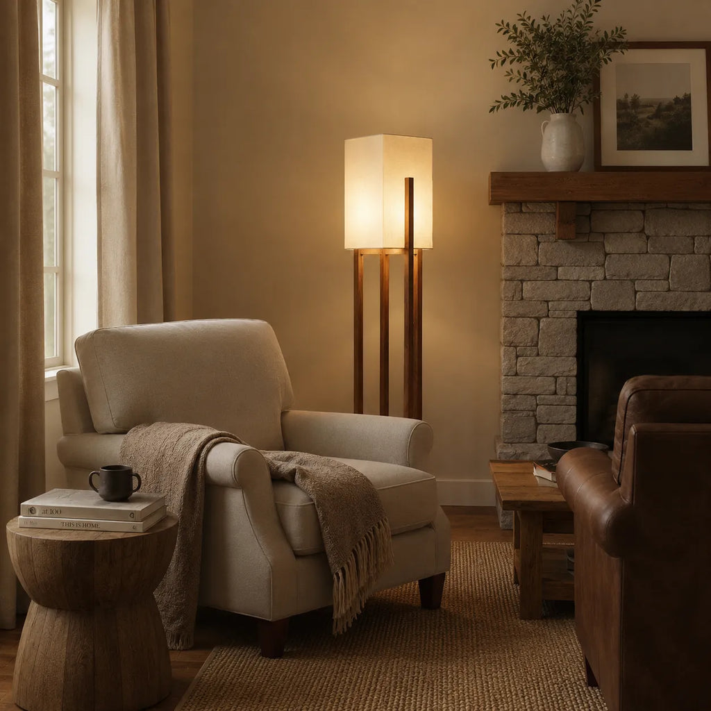 Floor Lamp with Ash Wood and Fabric Shade for Modern Living Room Lighting