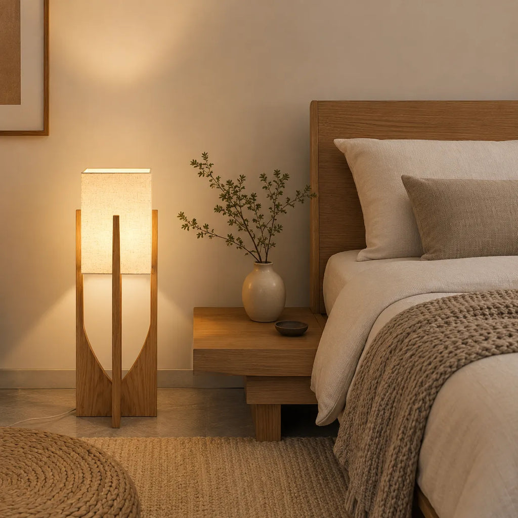 Floor Lamp with Ash Wood and Fabric Shade for Modern Living Room Lighting