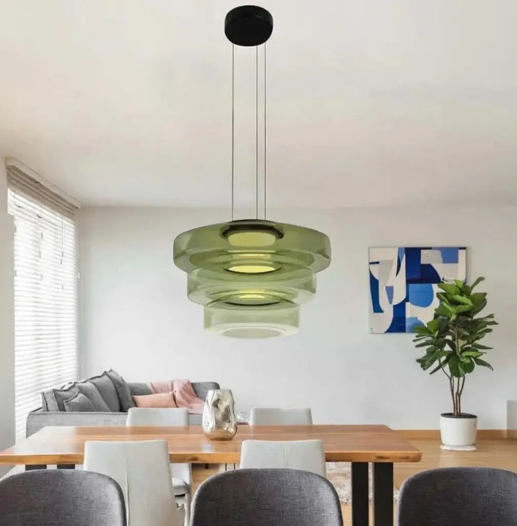 Suspension avec verre superposé et éclairage LED pour salon, salle à manger ou cuisine