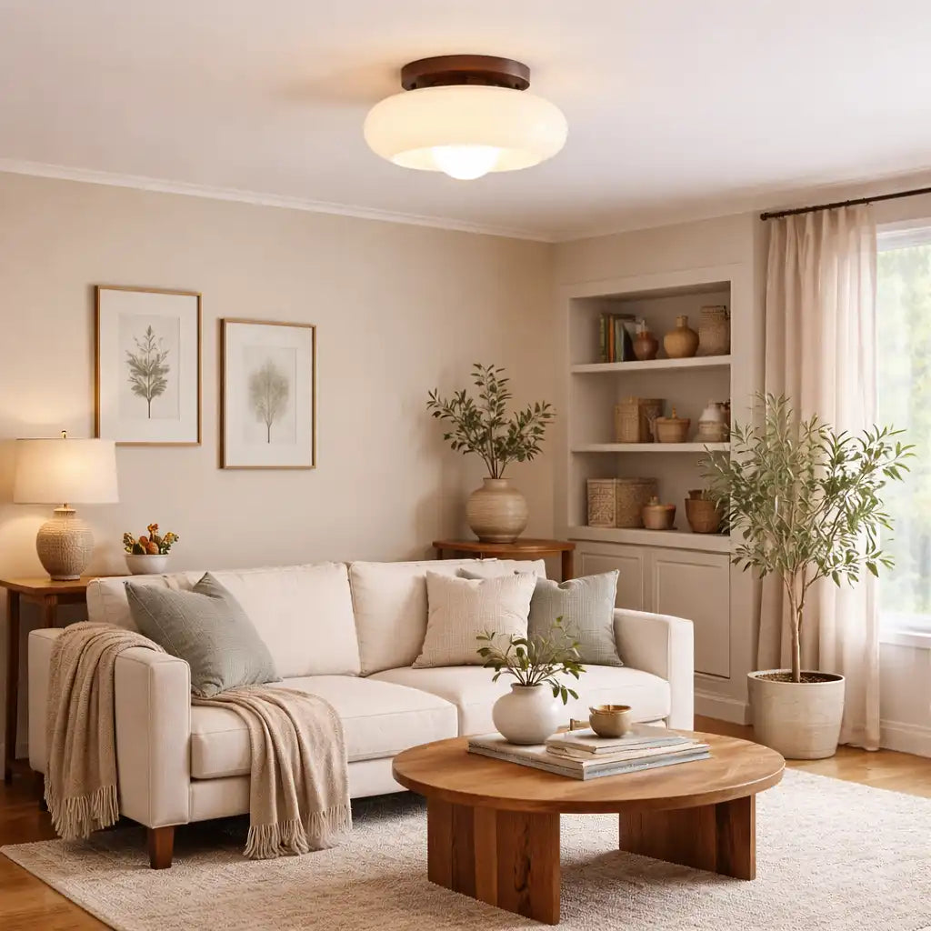 Plafonnier extra-plat de style Bauhaus avec abat-jour en verre crème pour chambres modernes